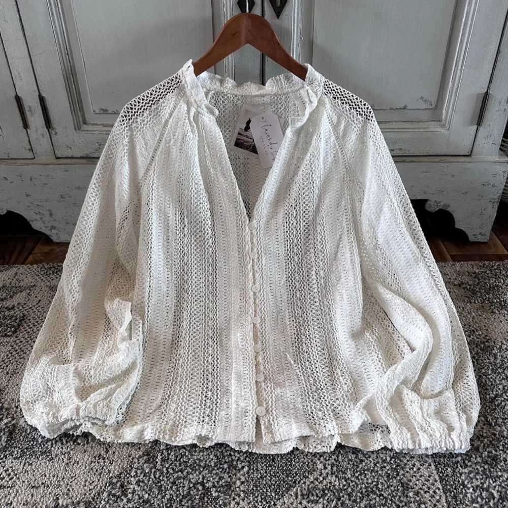 New Bohemian White Lace Long Sleeve V-Neck Button Front Blouse Top - Picture 6 of 11